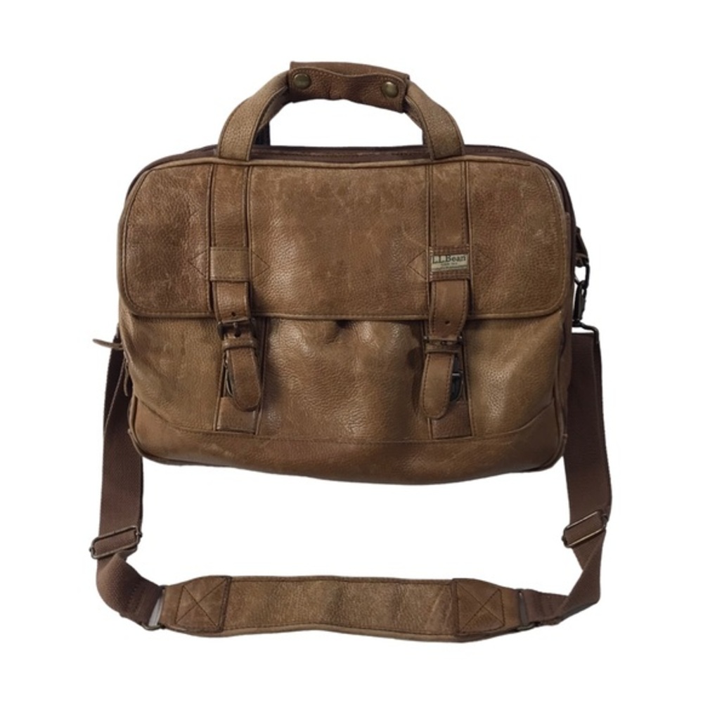 COPY - LL Bean Briefcase Tan Pebbled Leather Messenger Laptop Overnight Saddleb…